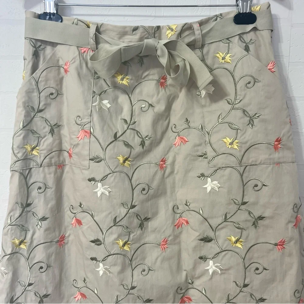 Orvis Tan Floral Embroidered A-Line  Cottagecore Grannycore Midi Skirt Cotton 14